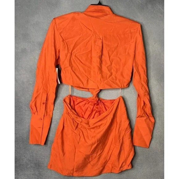 $660 GAUGE81 Mandarin Plunge Neck Cutout Dress Long Sleeve 100% Silk Women Small